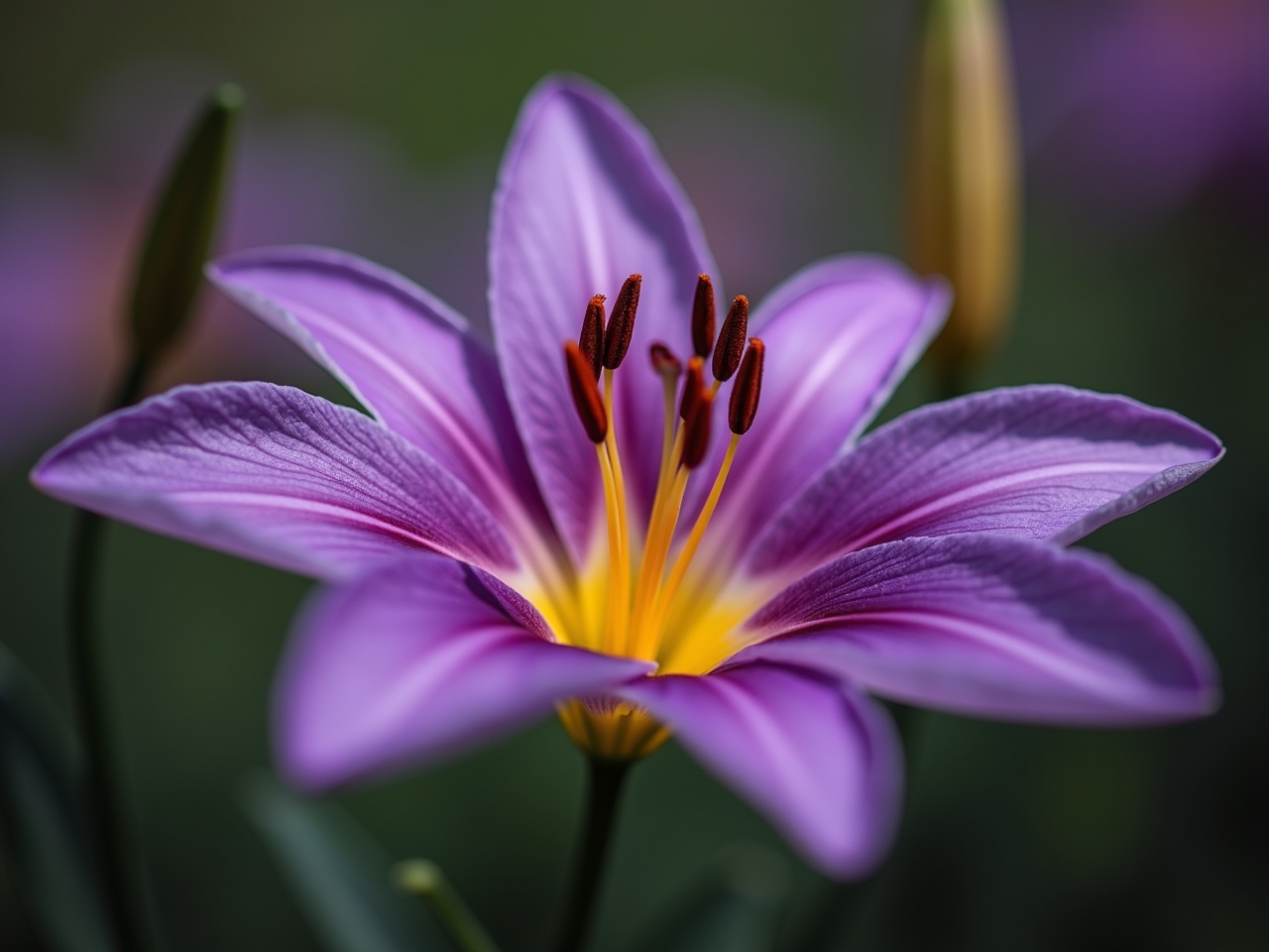 This image showcases a beautiful close-up of a purple flower with a striking yellow center. The delicate petals display intricate textures and shades of purple. Stamen with fiery red tips protrude from the heart of the flower, adding a vibrant contrast. The background is softly blurred, emphasizing the flower as it stands tall. This award-winning photo captures the essence of nature's beauty and the elegance of lilies in bloom.