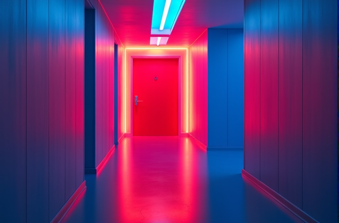 A futuristic corridor with vibrant neon lighting.