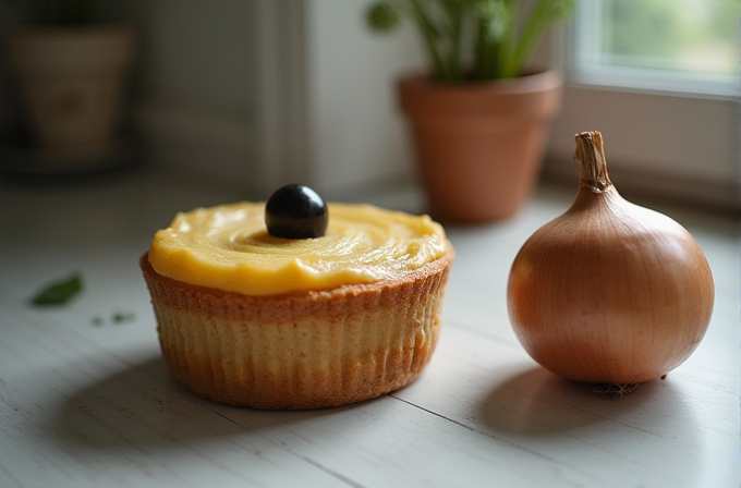 A tart with a black olive on top sits beside a fresh onion on a wooden surface.