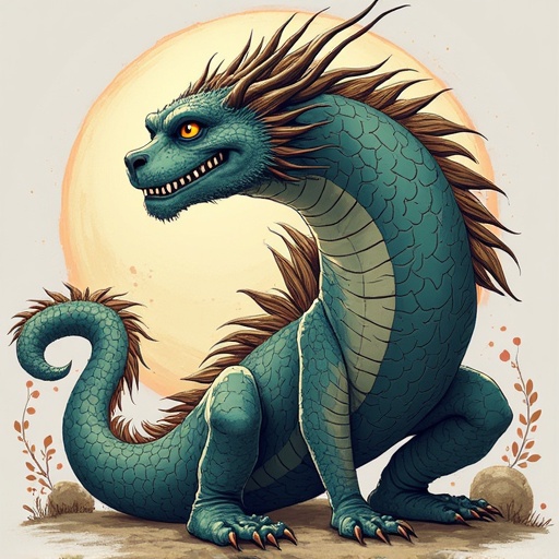 Illustration of a dragon in a side profile. Dragon has turquoise scales and a spiked back. Golden eyes and a friendly expression. Set against a light circle background with soft earth tones. Vegetation hints around.