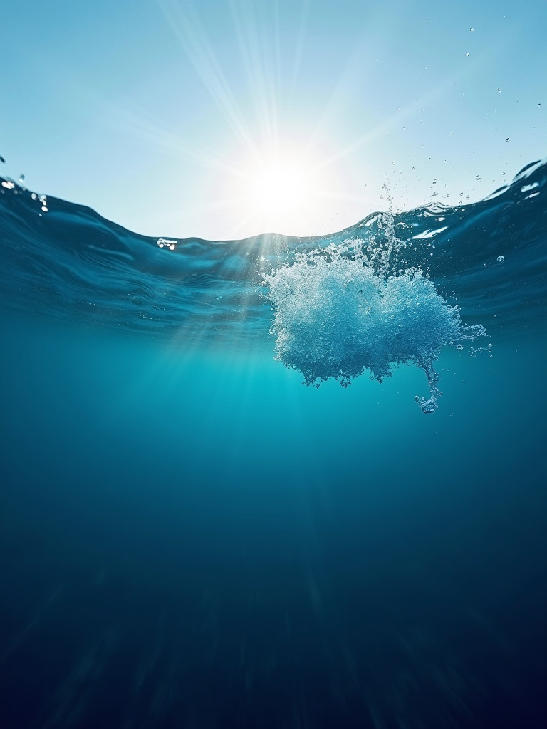 A peaceful view of sunlight shining through ocean water, with bubbles rising to the surface.