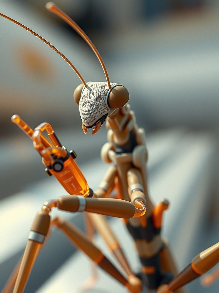 This image features a robotic version of a praying mantis with intricate details. The robot has an orange and white color scheme with metallic textures, giving it a futuristic and sleek appearance. The mantis is posed on what seems to be a diagonal pattern of light and shadow, creating a dynamic and sci-fi feel to the scene.