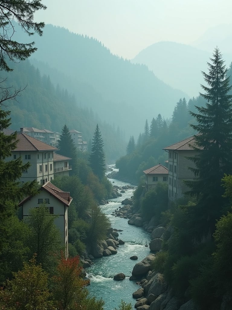 A scenic view of a mountain valley in Bosnia and Herzegovina with a flowing river and traditional houses. The scene captures the natural serenity and beauty of the region. Misty mountains frame the landscape creating a peaceful atmosphere.