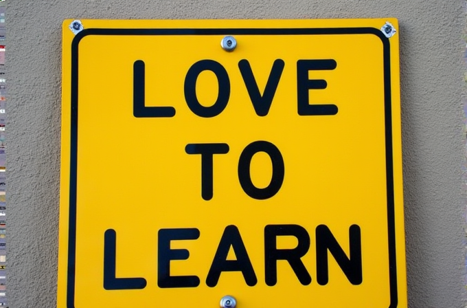 A yellow sign with the message 'LOVE TO LEARN' in bold black letters.