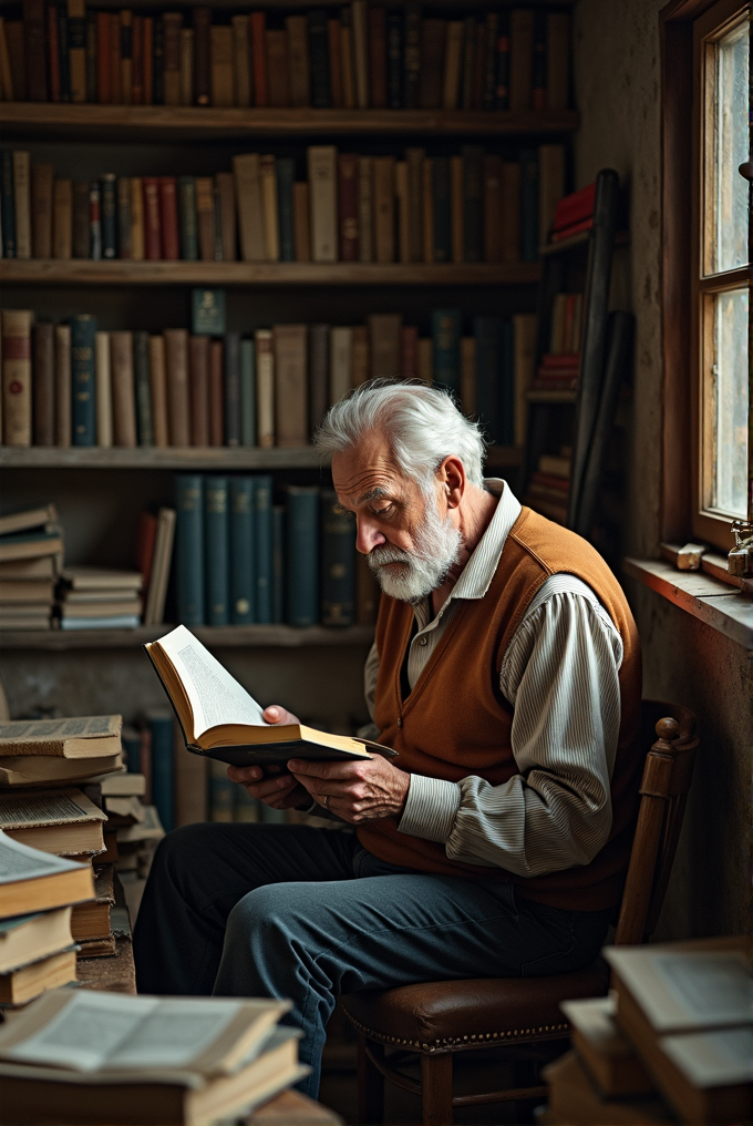 An elderly man with white hair and a beard is deeply engrossed in reading a book, surrounded by shelves filled with books in a cozy, warmly lit library.