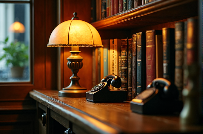 A warm, inviting library corner with vintage telephones and classic books.