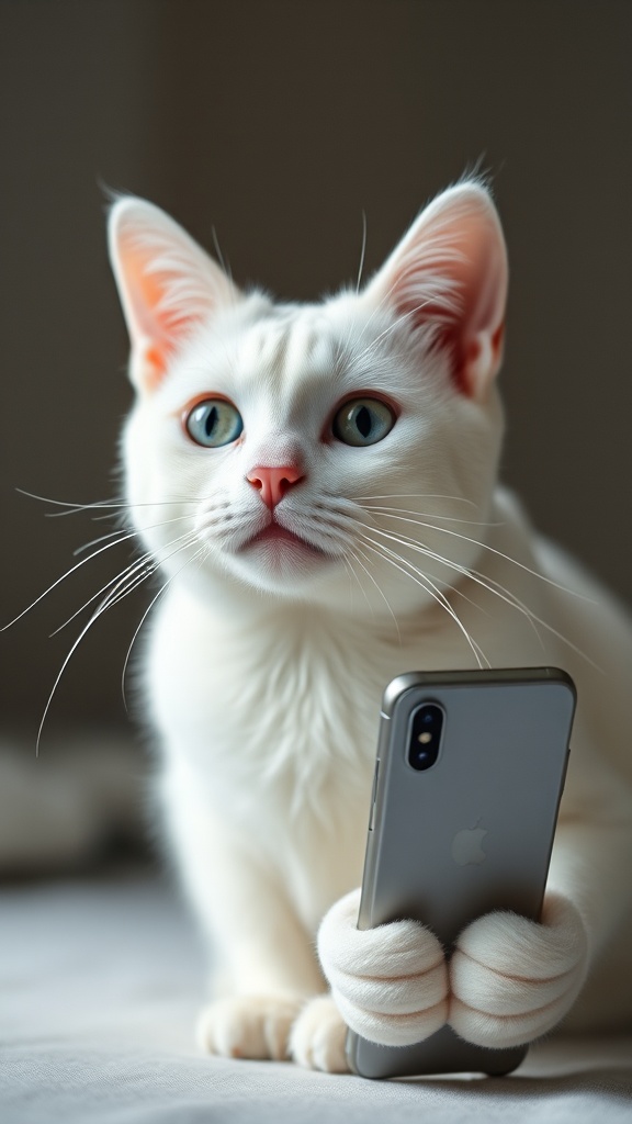 A white cat with blue eyes is holding a smartphone with its paws.