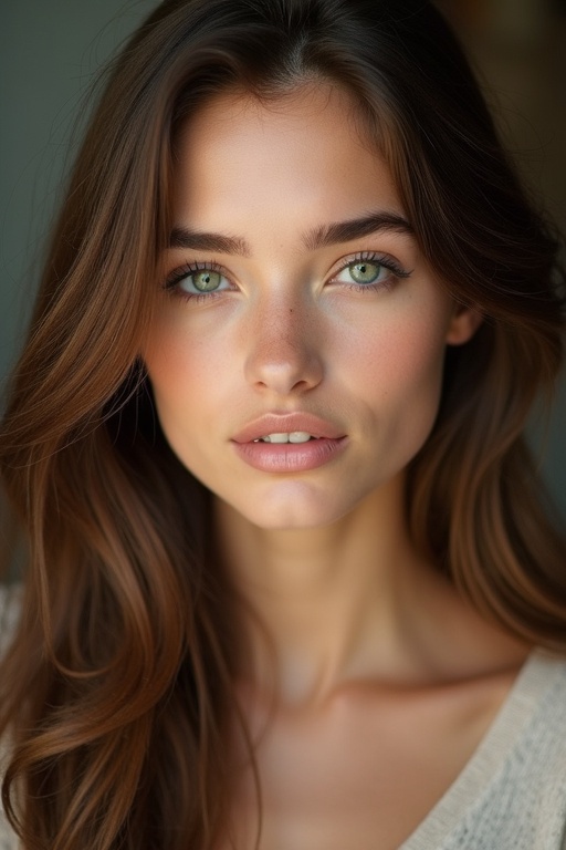 Pretty young woman with striking green eyes and brown hair. Soft lighting highlights natural beauty. Portrait style.