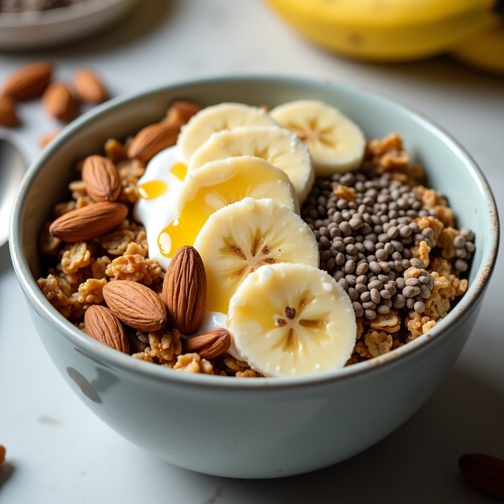 Large bowl filled with granola topped with banana slices, almonds, chia seeds, honey, and yogurt. Ultra-realistic image showcasing vibrant textures and fresh ingredients.