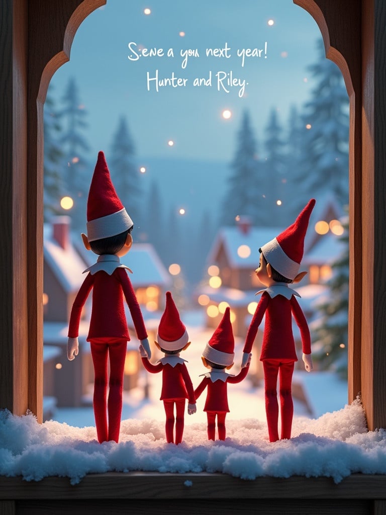 Two adult elves and two child elves stand hand in hand with a baby elf in a snowy village background. The elves face the village while the magical ambiance represents the essence of Christmas. Words appear above saying 'See you next year Hunter and Riley'.