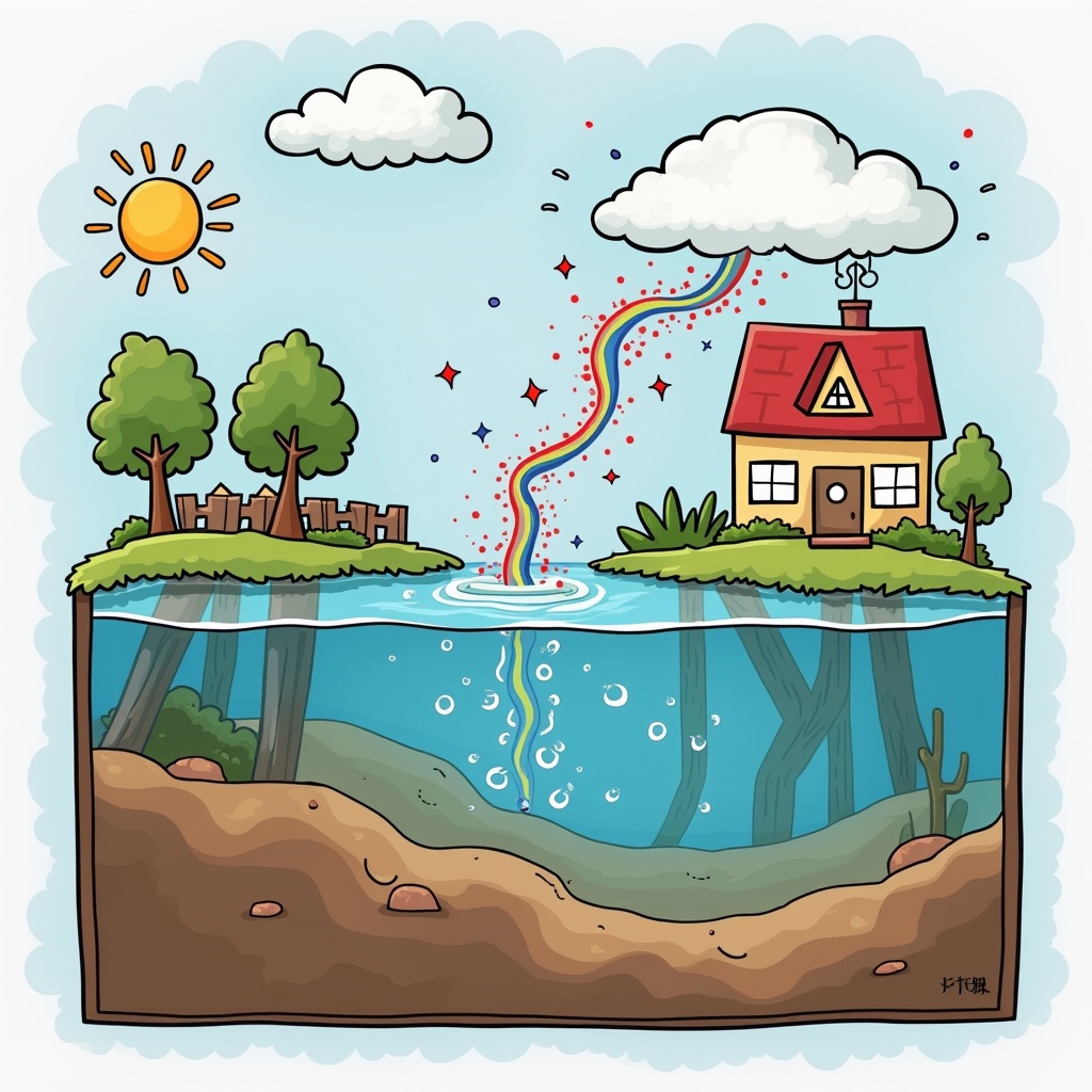 This image showcases a colorful and whimsical model illustrating humidity concepts for 6th grade students. It features a sunny day with a house, trees, and a rainbow emerging from a cloud. Below the surface, clear blue water flows with underwater plants and pebbles, highlighting the importance of water in our environment. The illustration connects the concept of humidity to the water cycle, appealing to young learners. Fun colors and cartoonish elements make it engaging and informative for students learning about science.