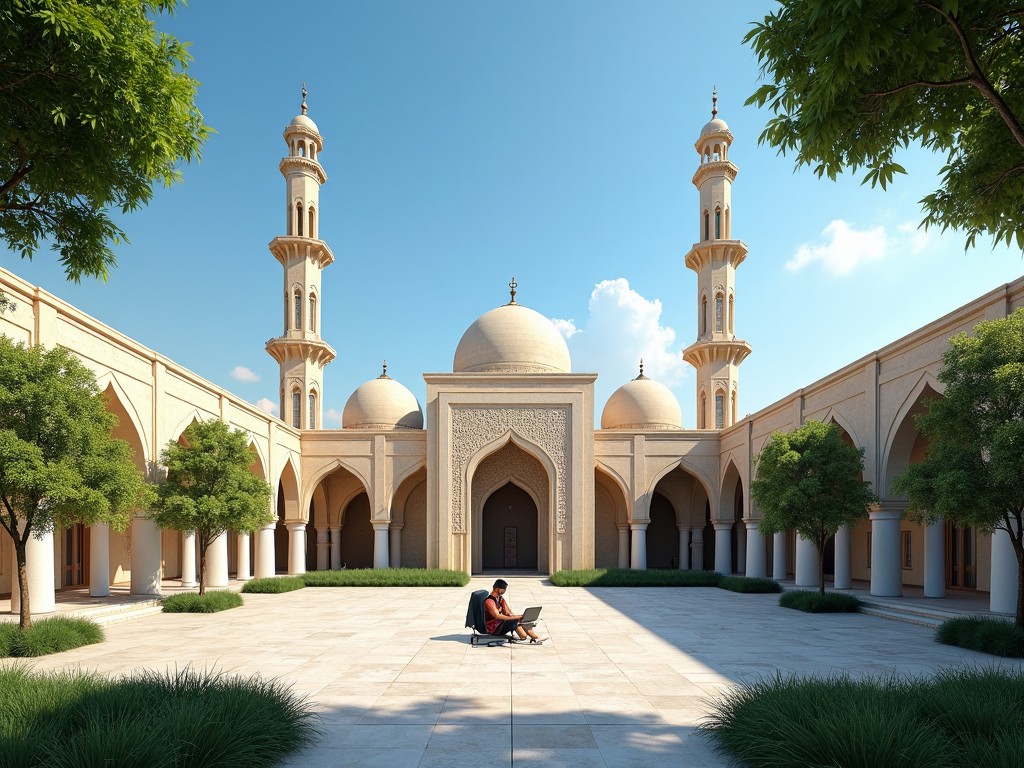 This image depicts a serene courtyard of an Islamic architectural institute, showcasing grand features typical of Islamic design. It includes two tall minarets and a large dome in the background, surrounded by greenery and elegant columns. In the foreground, two individuals are seated on the ground, working on a laptop amidst the peaceful setting. The courtyard offers an open space ideal for learning and reflection. The blue sky overhead complements the warm colors of the stone and greenery, creating a tranquil atmosphere for studying.