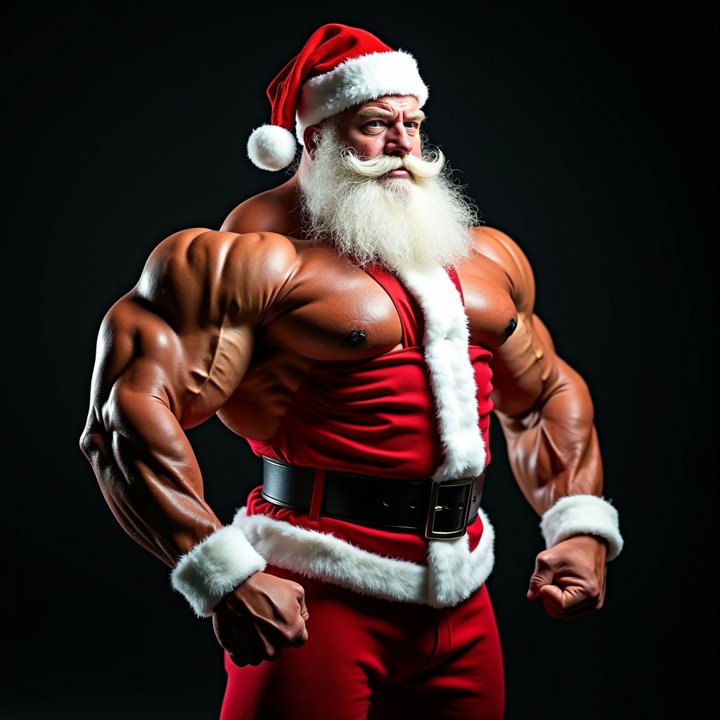 Image features muscular Santa Claus. He has a tailored red and white outfit. He displays strength and power. Long white beard adds to the Santa look. Dark background emphasizes figure. Lighting highlights contours of muscles. Combines holiday spirit with fitness culture.