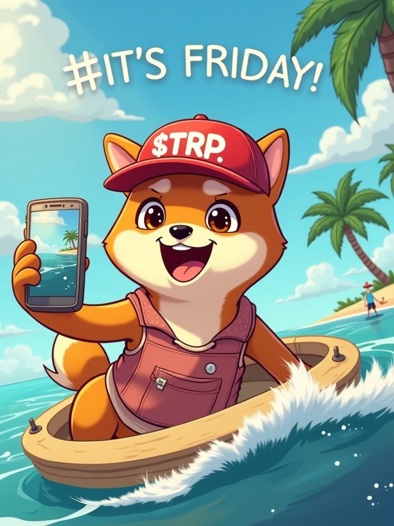 Animated cartoon Shiba dog wears a red baseball cap called $TRP. Dog dressed in beach wear. Dog cruises happily on a yacht while taking a selfie with iPhone. Background includes beach and palm trees with text 'IT'S FRIDAY!'