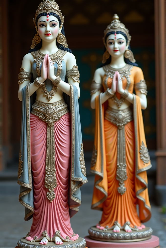 Two intricately decorated statues of women in traditional attire stand with their hands in a prayer position.