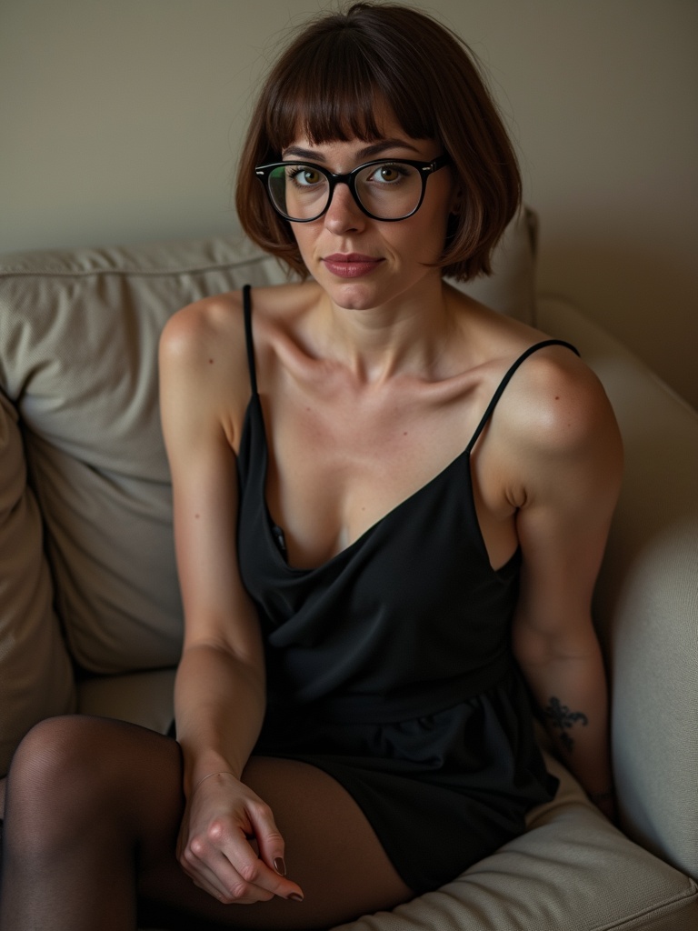 The image captures a woman sitting gracefully on a light-colored couch, wearing a stylish black dress. She has distinctive glasses and a thoughtful expression, adding a layer of sophistication to the scene. Her pose accentuates the casual yet elegant ambiance of a contemporary interior.