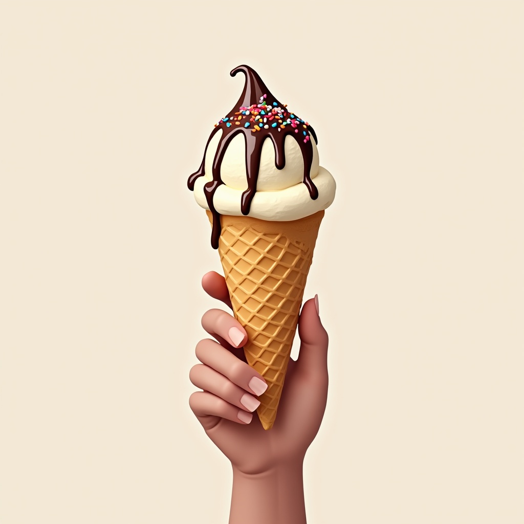 The image shows a hand holding an ice cream cone topped with chocolate syrup and colorful sprinkles. The cone has a classic waffle design, making it look appetizing. The ice cream itself is a creamy vanilla color, contrasting beautifully with the dark chocolate syrup. The background is a soft, neutral color that enhances the focus on the ice cream. This visual evokes feelings of joy and sweetness, perfect for a summer treat.