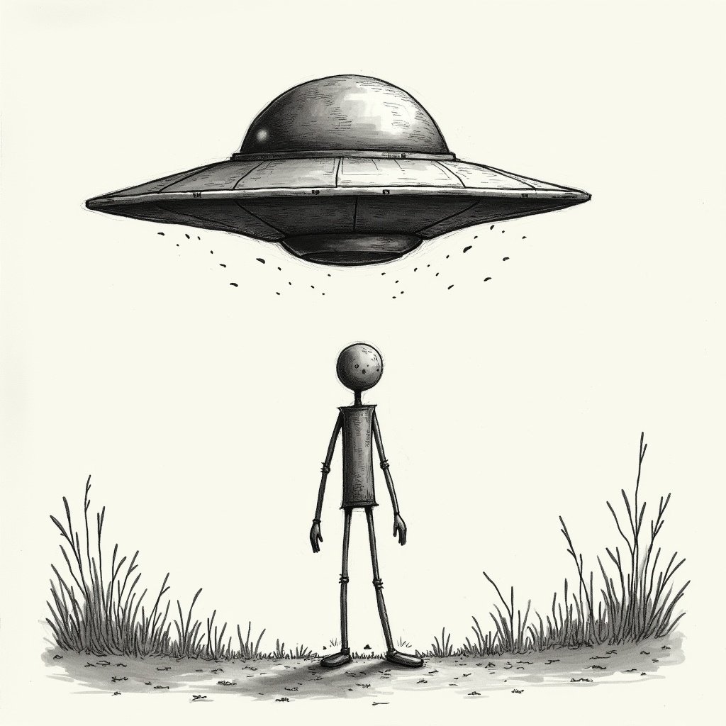 Stick figure man stands under UFO. Drawing shows simple lines. No shading or fine details. Grass surrounds figure. UFO hovers above.