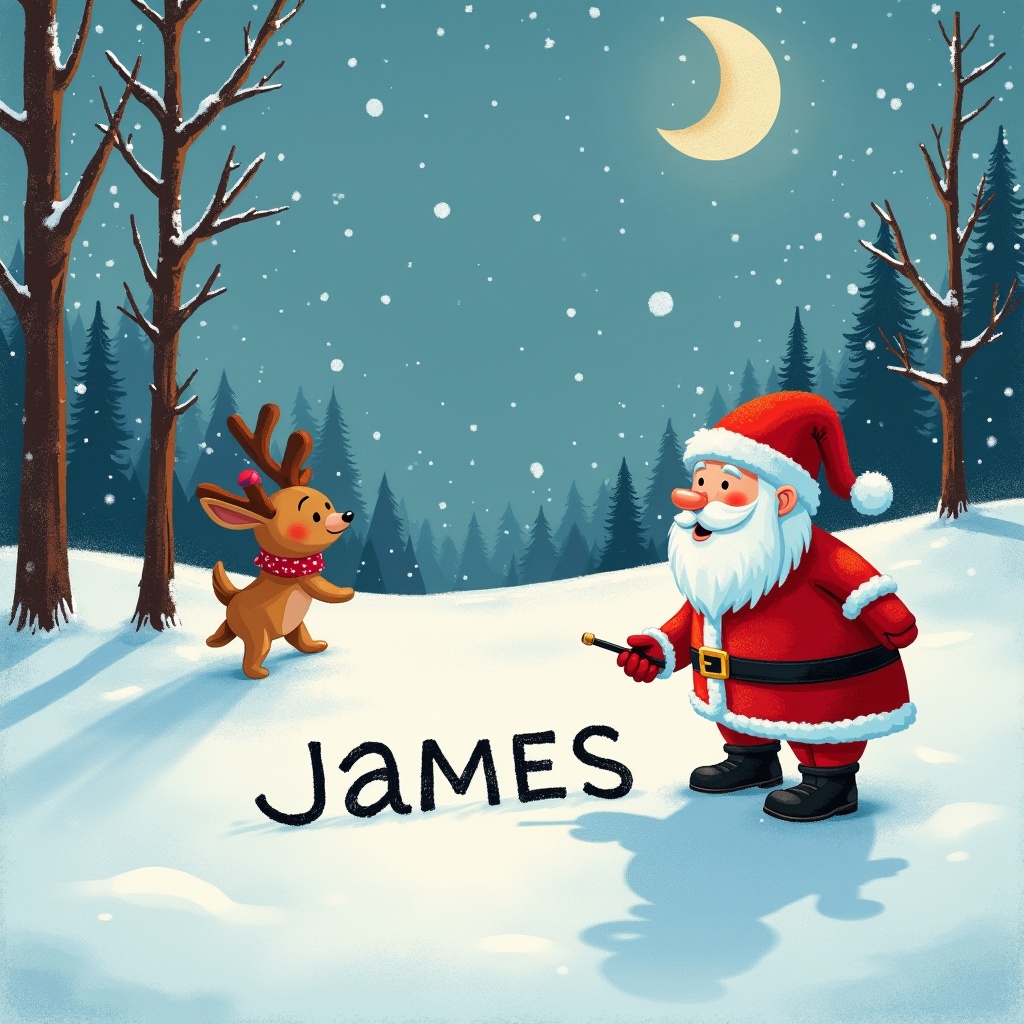 In a delightful winter scene, Santa Claus stands in a snowy landscape alongside an excited dog. Santa, dressed in his traditional red and white outfit, is writing names in the snow. The background features tall evergreens dusted with snow under a clear night sky with a crescent moon. The joyful atmosphere is enhanced by the presence of the cheerful dog with a collar. This image captures the whimsical spirit of Christmas and the joy of giving, perfect for holiday-themed materials.