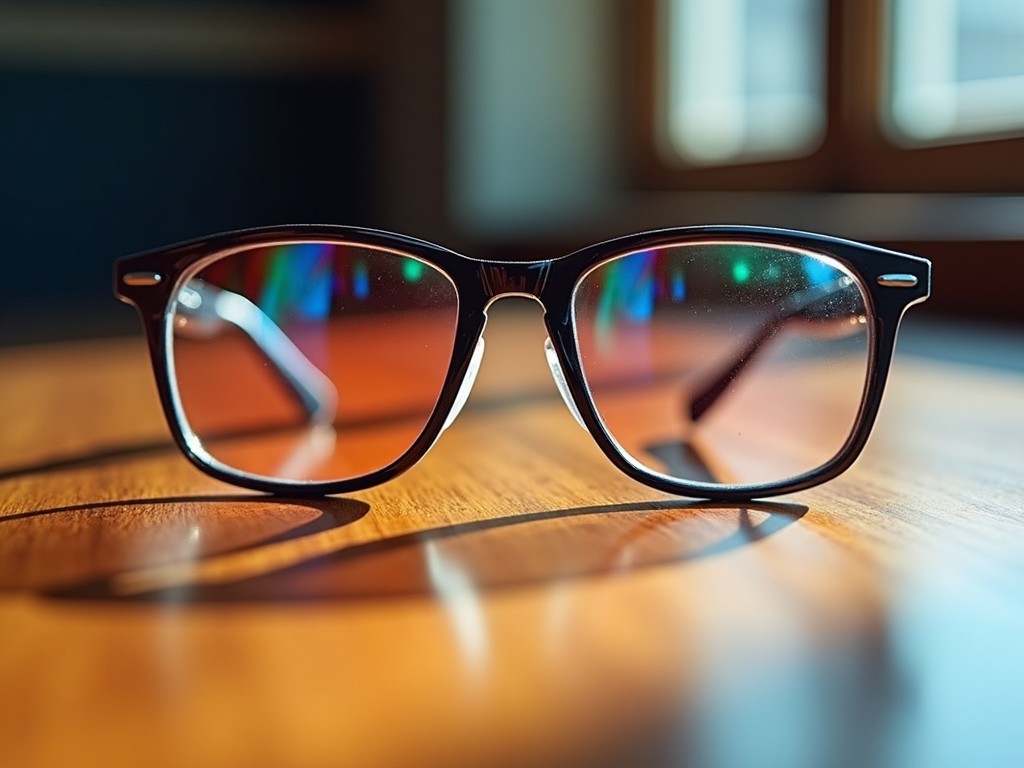 A Close Up of Trendy Eyeglasses with Colorful Reflections on a Wooden Table Flux AI Image