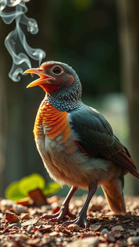 A bird with colorful plumage appears to be exhaling smoke.