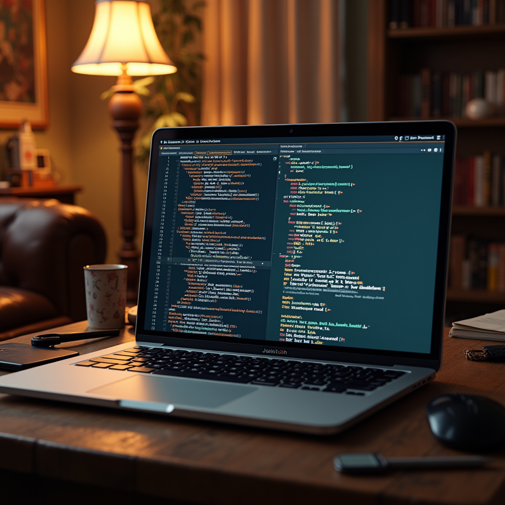 A laptop displaying code is placed on a wooden desk in a cozy room with a warm lamp glow.