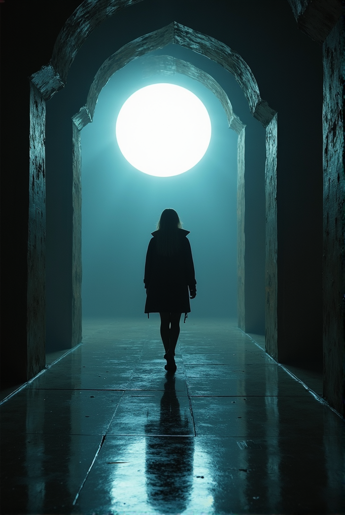 A person stands silhouetted in a dark archway, facing a large glowing circle.