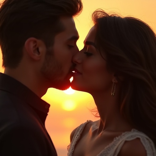 Two individuals leaning in for a kiss. They are intimately close together. Warm natural light illuminates their features. Emotion conveyed is love and connection.