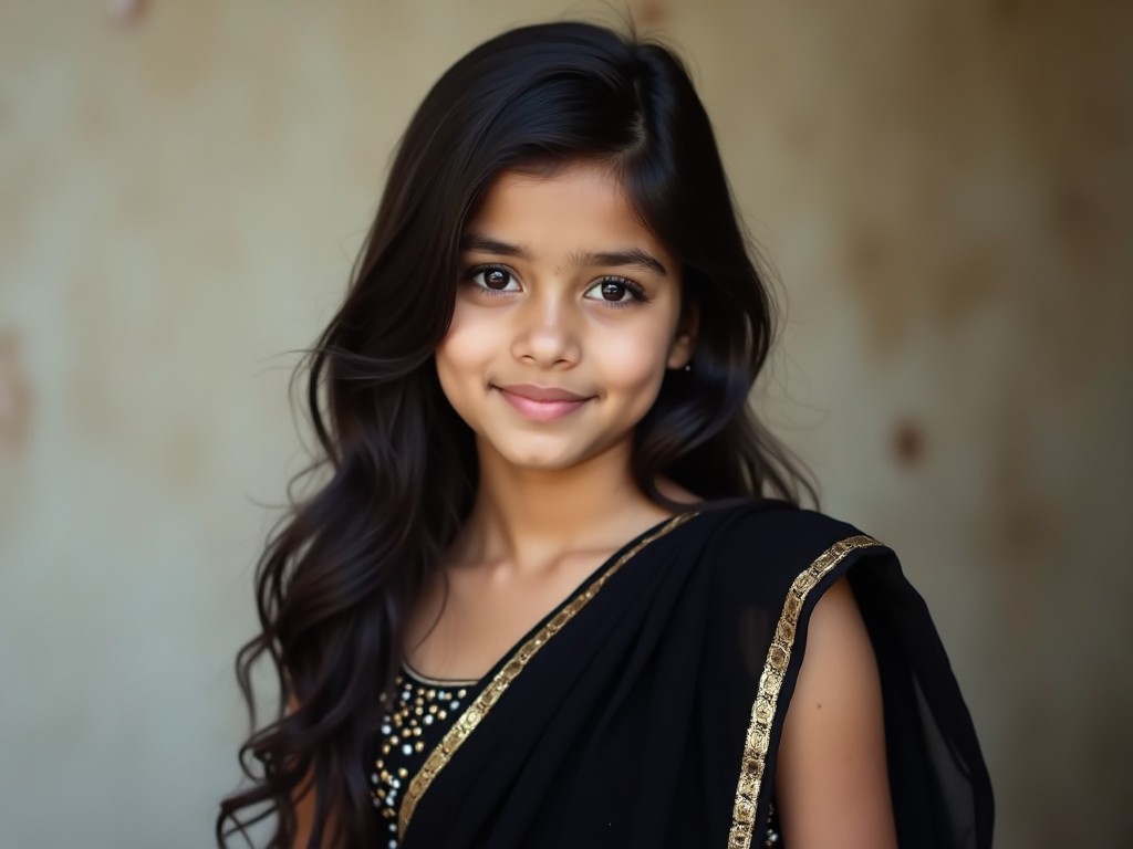 The image features a young girl wearing a traditional black sari embellished with gold detailing. She is standing against a textured background, offering a warm and inviting smile. Her long hair flows elegantly over her shoulders, accentuating her innocence and charm. The natural lighting highlights her features, giving a soft glow. The simplicity of her attire emphasizes her youthful beauty and cultural heritage.