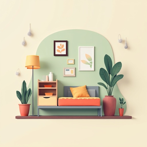 A cozy bedroom setup featuring a bed with orange cushions. Pastel colors dominate the wall and decor. Green plants are placed in pots. A bedside table holds decorative items. Wall decor includes framed leaf artworks. Soft lighting enhances the atmosphere.