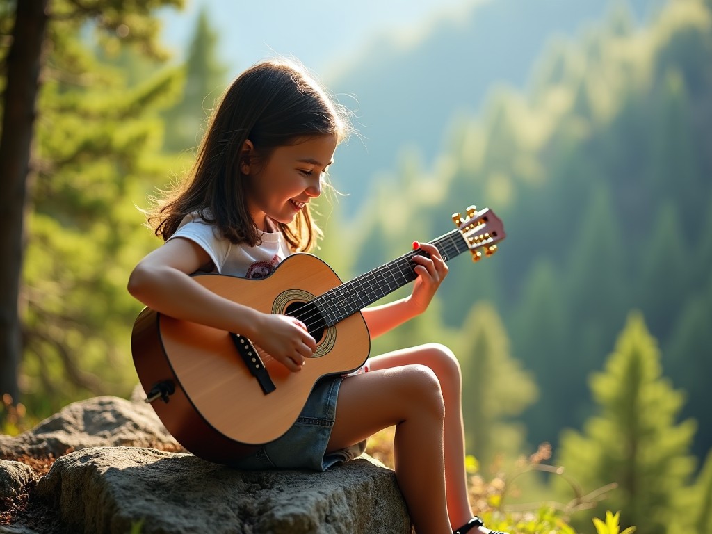 A young girl playing an acoustic guitar while sitting on a rock in a sunlit forest, surrounded by greenery and trees.