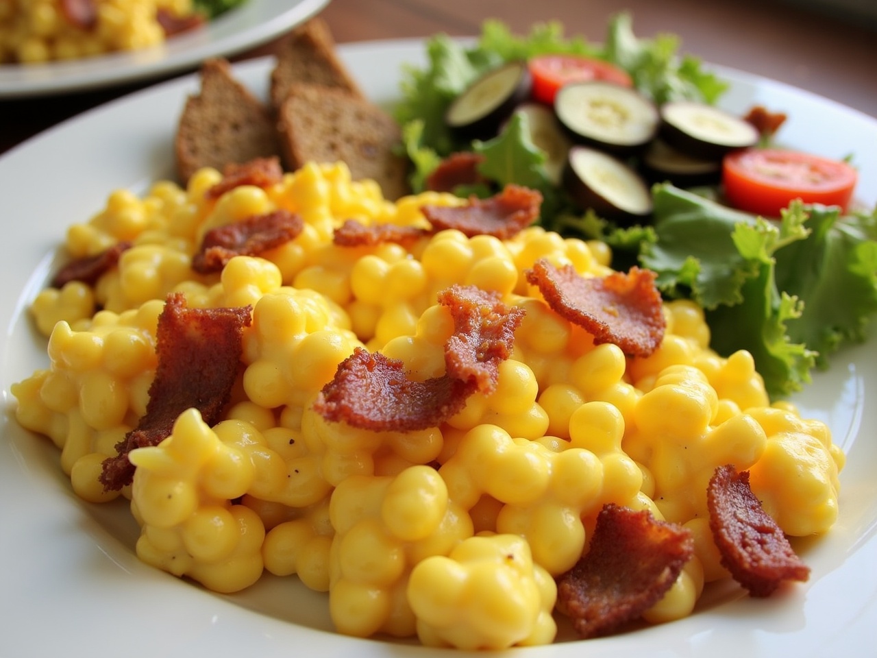 This image features a delicious dish of scrambled eggs mixed with cheese and topped with crispy bacon bits. The eggs are fluffy and rich in a vibrant yellow color, making them visually appealing. Accompanying the eggs are slices of bread, dark in color, which add texture to the plate. The dish is complemented by a fresh side salad including greens, sliced tomatoes, and cucumbers, providing a pop of color. The overall presentation is inviting, suggesting a hearty meal suitable for breakfast or brunch.