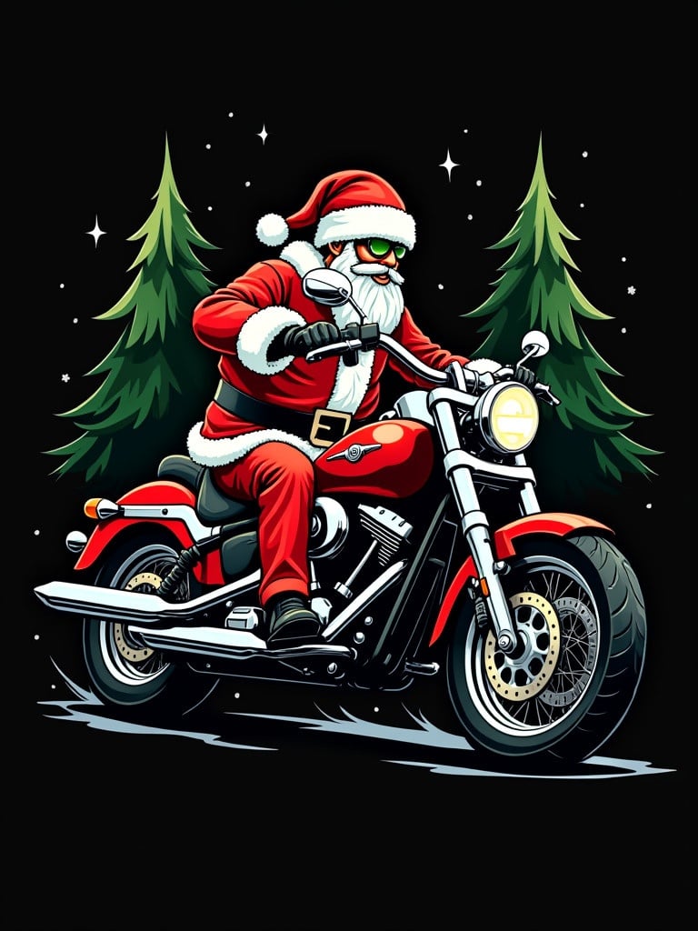 Christmas themed image featuring Biker Santa on a Harley motorcycle with a black background and Christmas trees.