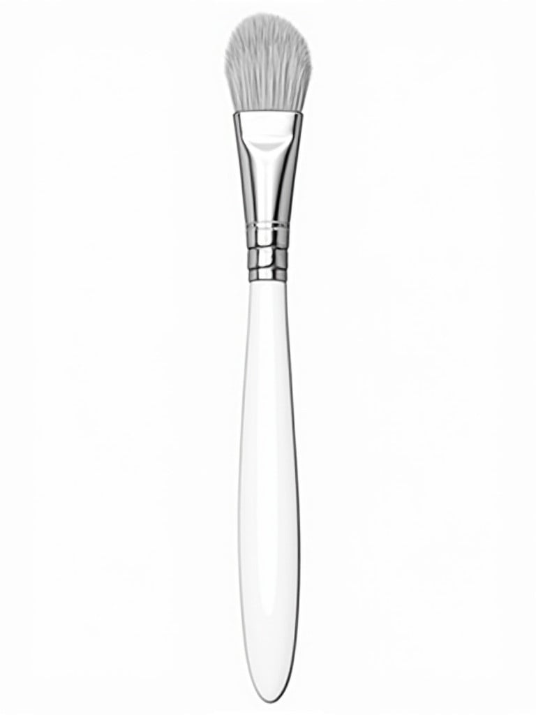 A clean and detailed technical sketch of a silicone applicator brush viewed from the front. The brush has a flat silicone top a sleek metallic ferrule a smooth ergonomic handle. Resembles a professional product blueprint with precise lines and clear details. Transparent background.