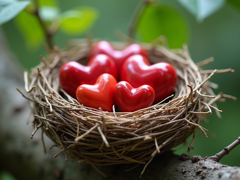 Professional photo of a bird's nest made of twigs and straws on a tree branch. Inside, four glossy ceramic hearts of varying sizes. Background blurred with green leaves visible. Natural elements combined with symbols of love create visual metaphor.