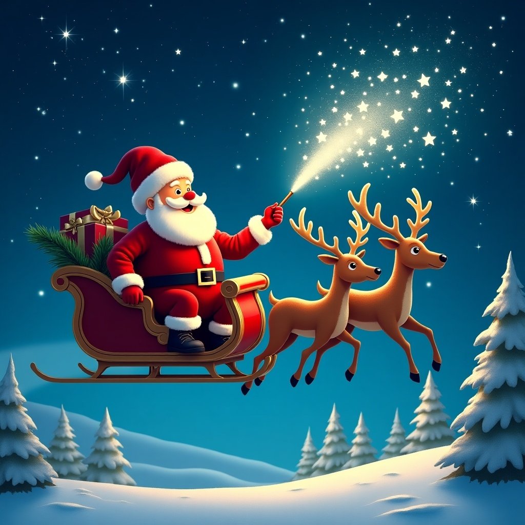 Santa Claus rides a sleigh in the night sky. Magic wand writes audrey in the stars. Reindeer fly alongside. Snowy landscape is below. Christmas theme is present.