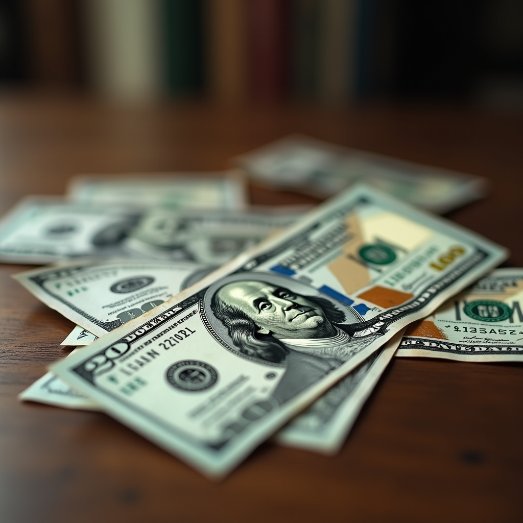 Several US dollar bills are spread out on a wooden table.