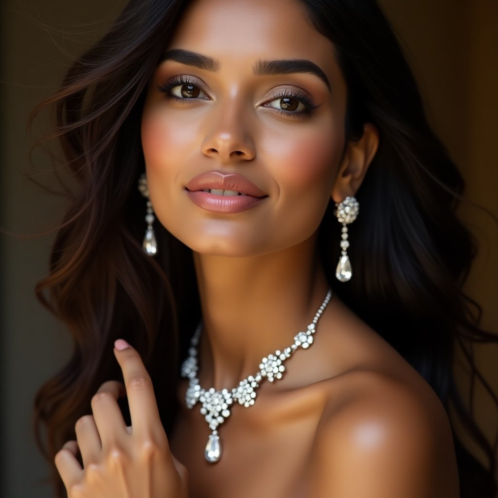 This image features a close-up of an Indian model gracefully posing while wearing beautiful but simple jewelry. The model has long, flowing hair and an elegant expression. She showcases stunning diamond earrings and a dainty diamond necklace that complement her look beautifully. The lighting enhances her skin tone, giving her a radiant glow. This captivating portrait captures the essence of understated elegance and modern fashion.