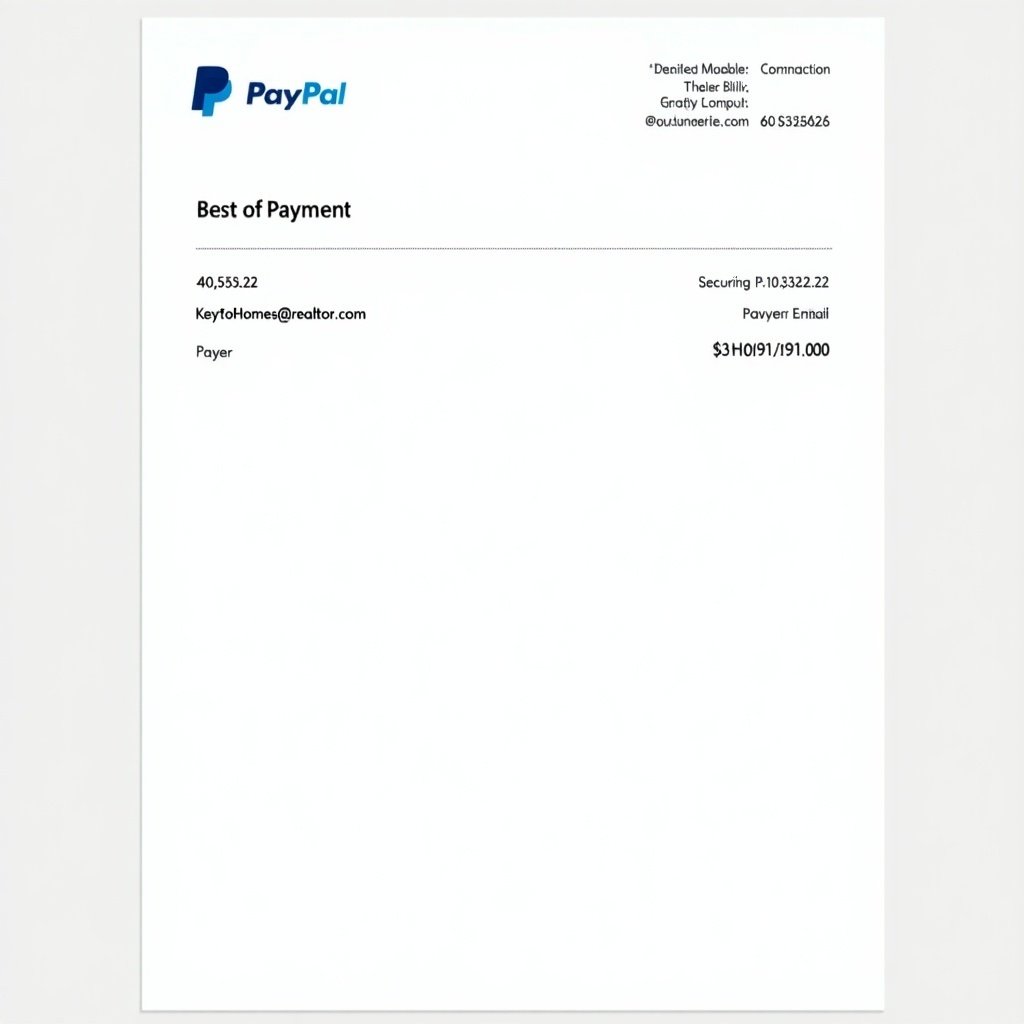 This image shows a PayPal payment receipt. It includes a payment confirmation for $40,527.22 to the email KeyToHomes@realtor.com. The document has a clear design with the PayPal logo at the top. It includes various details like the payer's name and email along with a transaction number. This format is commonly used for online payments, detailing information for both sender and receiver.