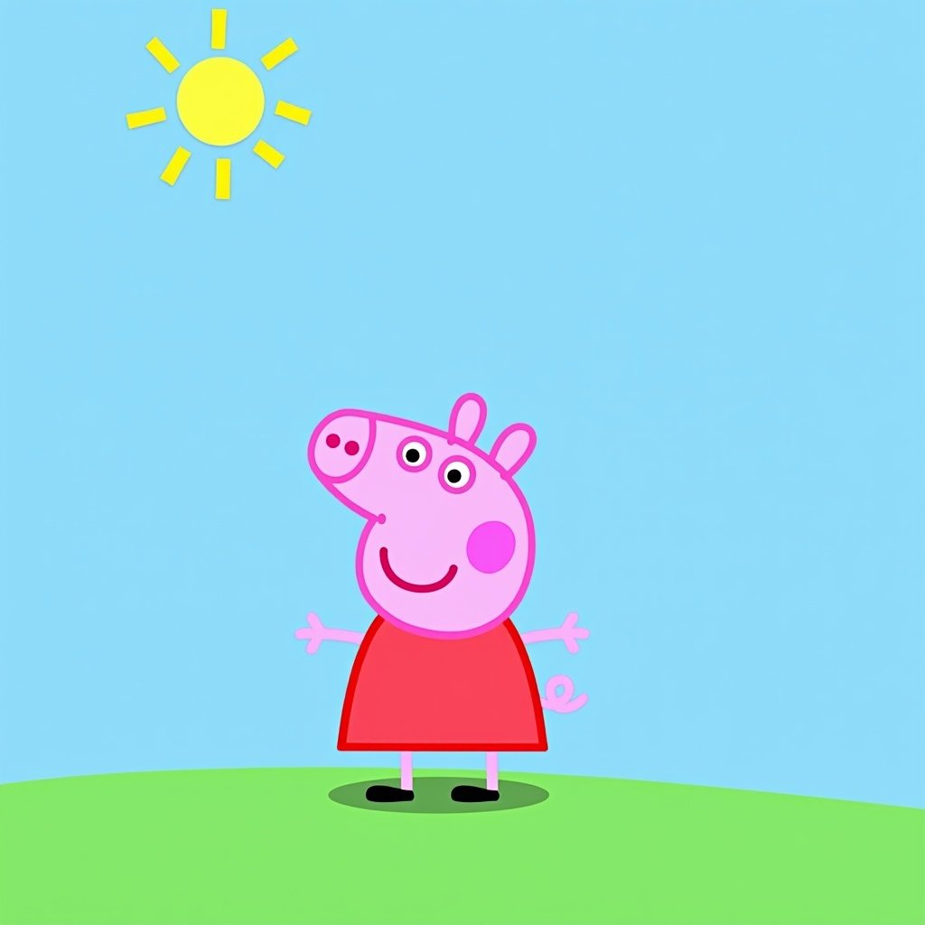 Widescreen image of a cheerful character. Character has a pink head and a red dress. Background displays a sun, blue sky, and green ground. Cartoon style is evident.