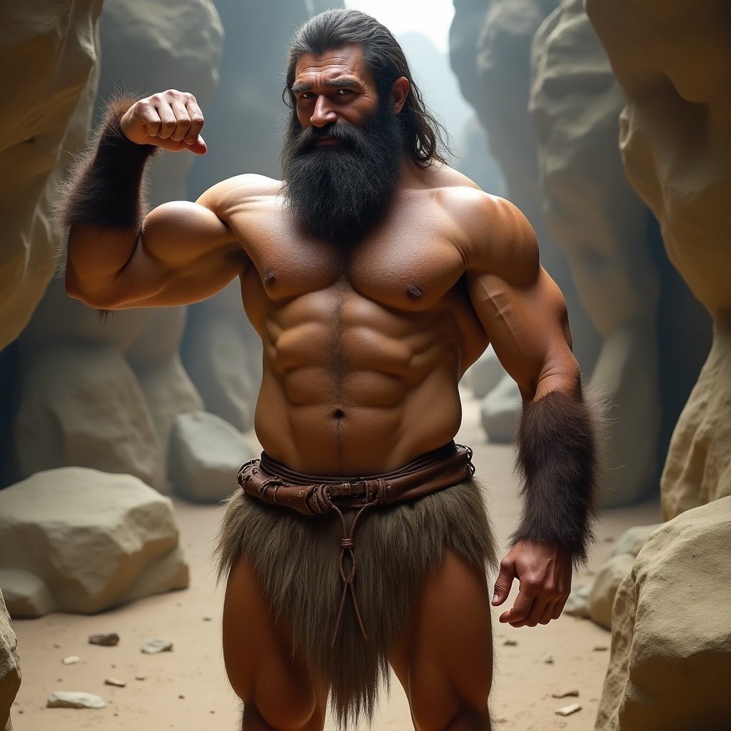 Masculine, muscular male with bare chest poses in a cave. Flexing one bicep, wearing a leather loincloth. Hairy chest and massive legs visible. Slight smile, showcasing cocky attitude. Full body representation from ancient times.