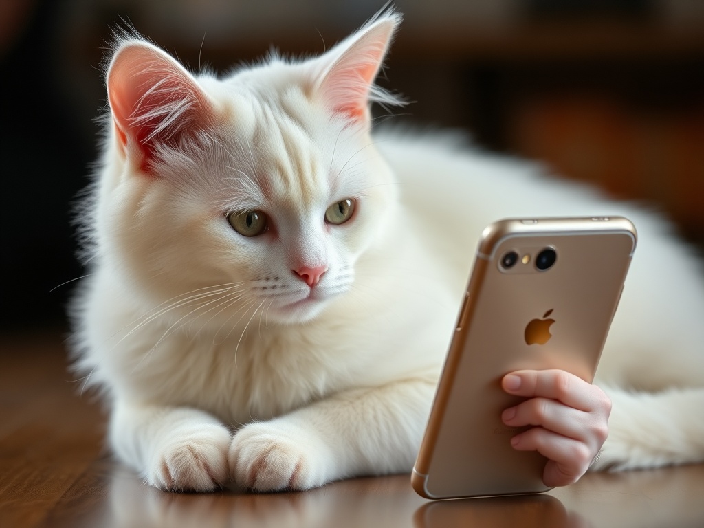 A fluffy white cat intently looks at a smartphone, seemingly held by its paw.