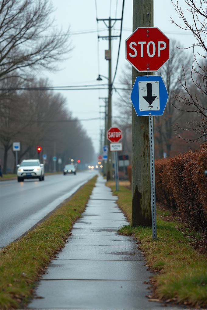 A wet roadside sidewalk bordered by grass features a stop sign attached to a utility pole, with a lightly trafficked road and bare trees under a misty sky.