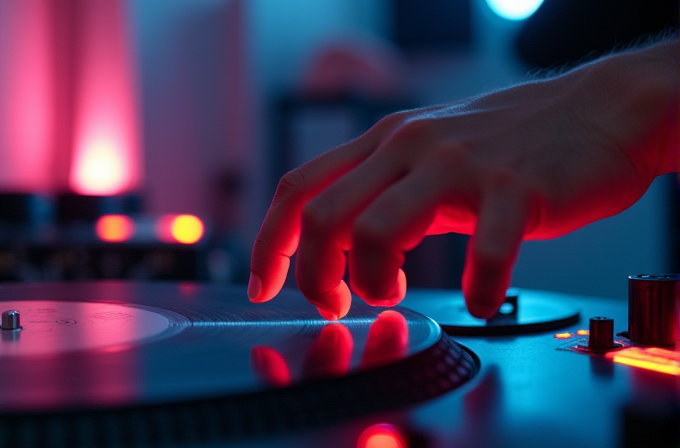 A close-up of a DJ's hand manipulating a vinyl record on a turntable under colorful blue and pink lighting.