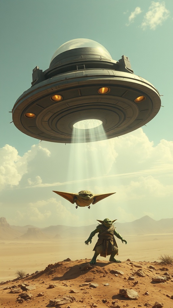 In a vast desert landscape under a clear blue sky, a futuristic UFO hovers above, emitting a beam of light. Below, two small, green alien-like creatures stand atop a dune, one appearing to float upwards towards the ship. The scene combines elements of science fiction and fantasy, creating a sense of wonder and curiosity.