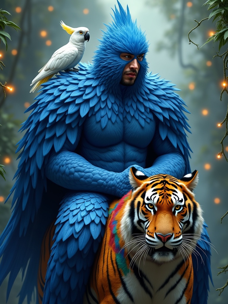 A humanoid male covered in blue feathers resembles a parrot. He has a strong structure and piercing eyes. A white cockatoo perches on his arm. He rides a colorful tiger with parrot-like feathers. The background is a mystical rainforest with glowing vines and floating lights.