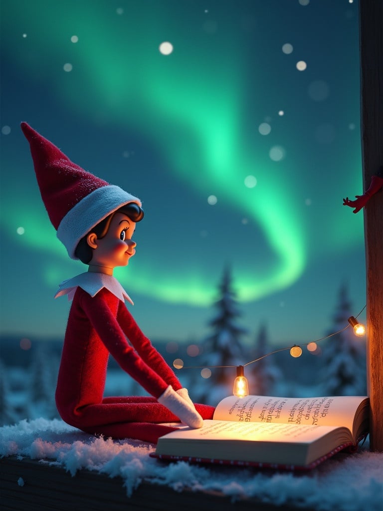 An elf in a red outfit sits reading a book under the northern lights. The book's pages are open and displaying a message. Lights hang in the scene, enhancing the festive atmosphere.