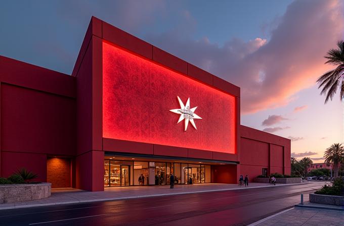 A modern building with a vibrant red exterior, featuring illuminated decoration and glass doors, set against a dramatic evening sky.