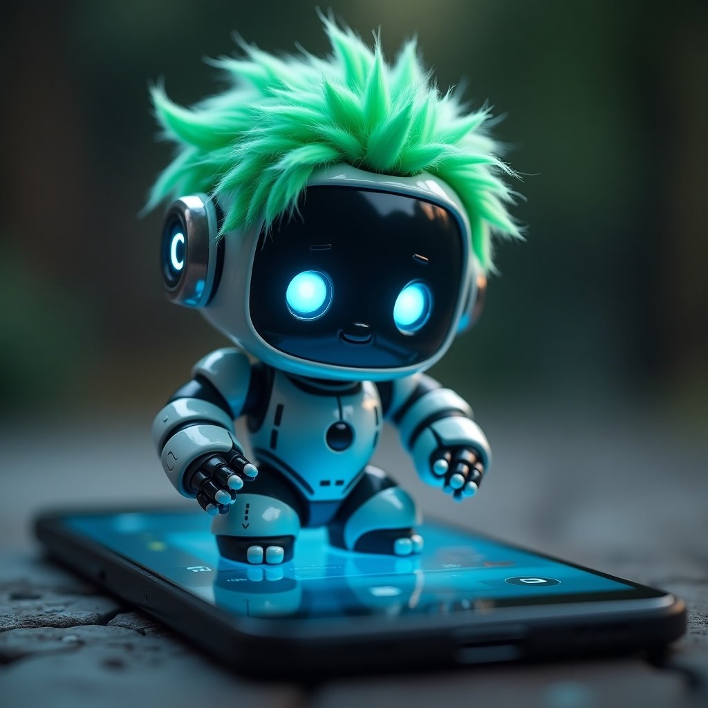 A cute robot with glowing blue eyes and green hair appears on a smartphone screen.