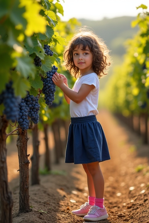 A child inspects grapes beside a vineyard. Warm sunlight illuminates the scene. She wears a white top and dark blue skirt. Pink socks and shoes add color. Dark curly hair frames her face. The vineyard is lush and green. Grapes are abundant and ripe.